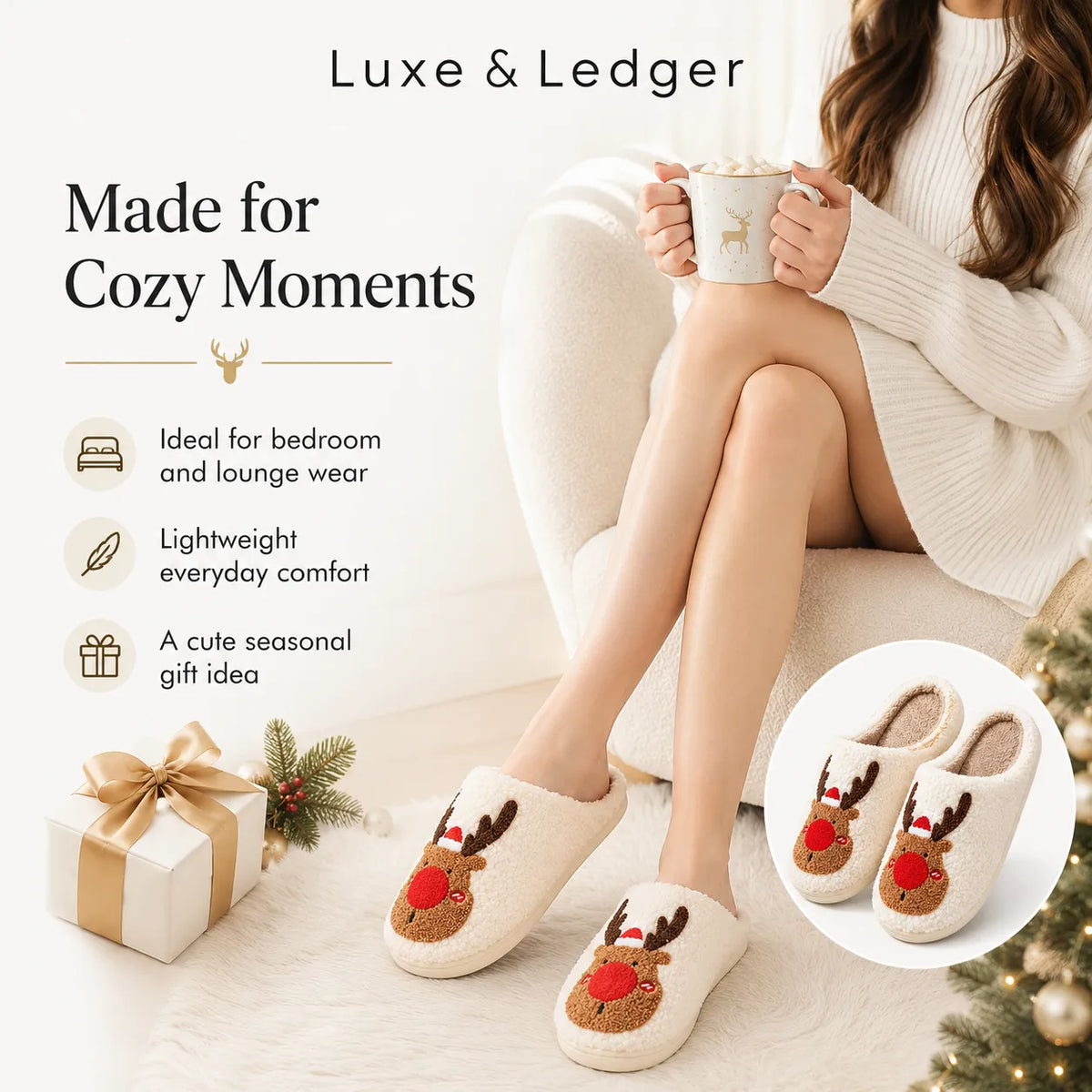 A woman seated in a cream armchair wearing fluffy cream slippers with a reindeer face design, holding a mug. The image includes marketing text reading 'Luxe & Ledger' and 'Made for Cozy Moments,' plus feature callouts and a circular inset showing the slippers from the back.