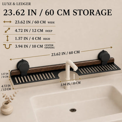 A wall-mounted bathroom storage rack shown above a sink with overlaid dimension labels and text reading 23.62 IN / 60 CM STORAGE, including width, depth, height, and center opening measurements.