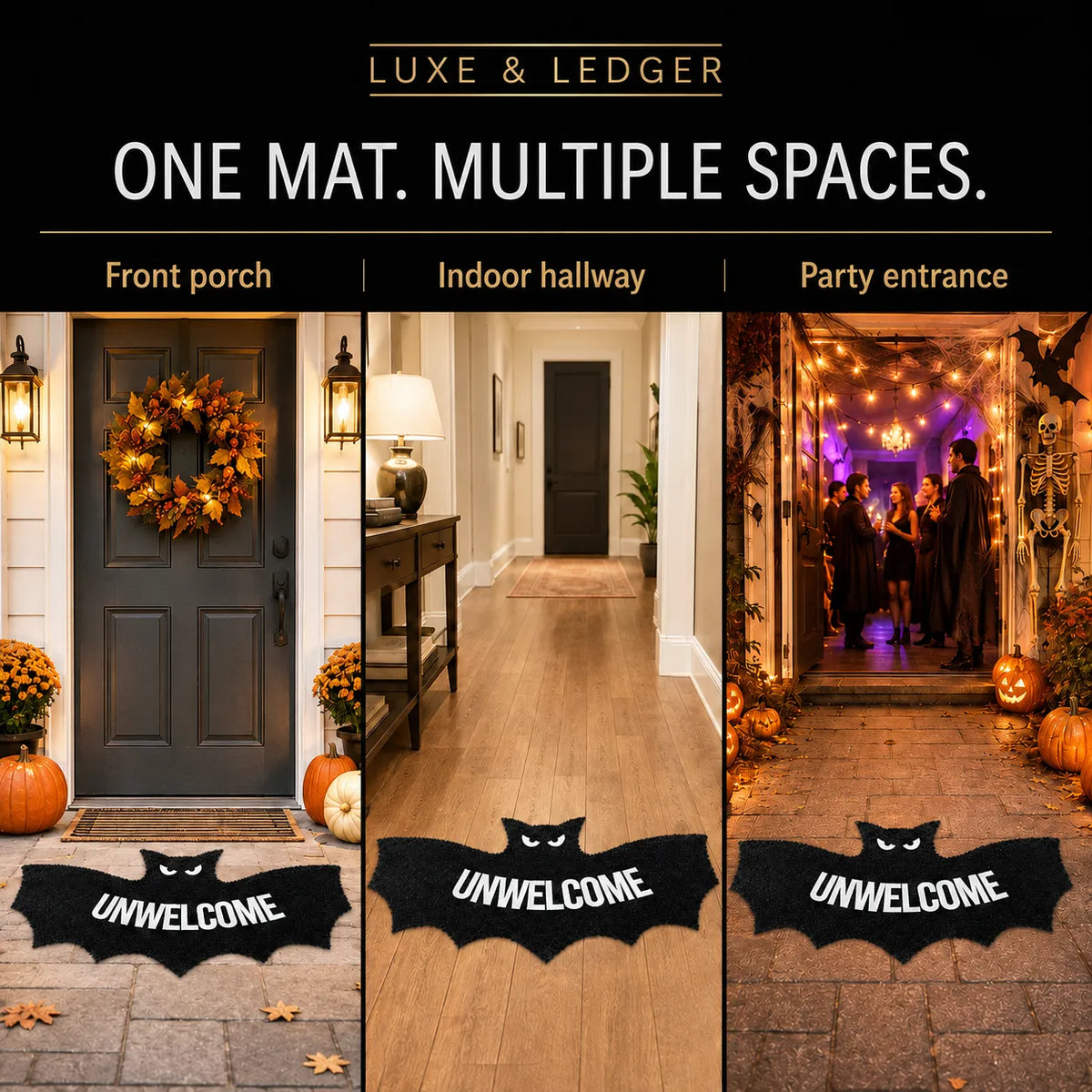 A promotional collage showing a black bat-shaped doormat with white 'UNWELCOME' text in three real-world settings: a front porch, an indoor hallway, and a party entrance. The top banner reads 'LUXE & LEDGER' and 'ONE MAT.
