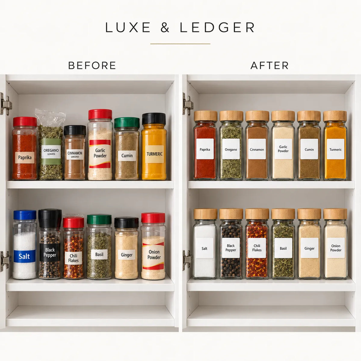 Reusable glass spice jars with bamboo lids designed to organize herbs and seasonings..