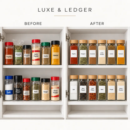 Reusable glass spice jars with bamboo lids designed to organize herbs and seasonings..