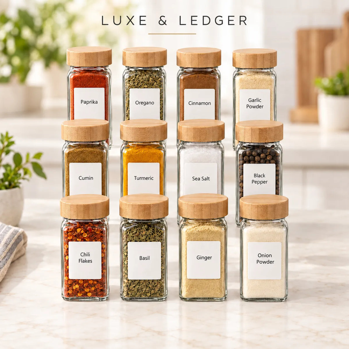 Set of 12 clear glass spice jars with natural bamboo lids for organized kitchen storage.