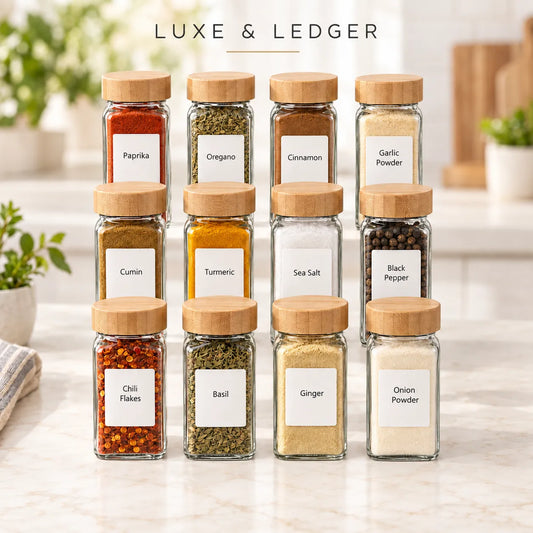 Set of 12 clear glass spice jars with natural bamboo lids for organized kitchen storage.
