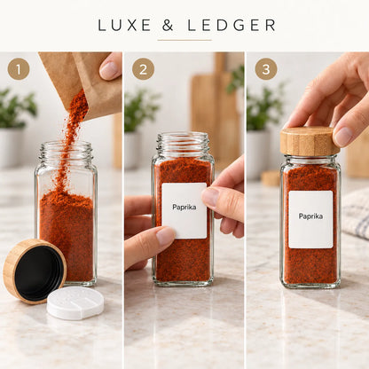 Clear glass spice jars with bamboo lids arranged as a 12-piece kitchen storage set.