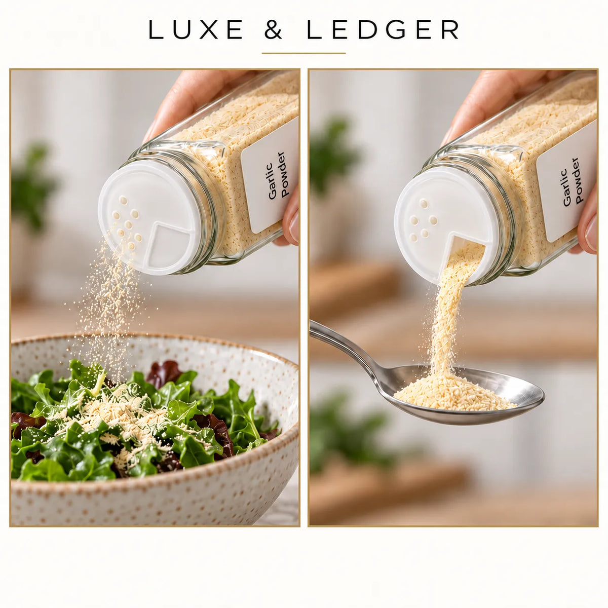Transparent glass spice containers with natural bamboo lids for herbs and seasonings.