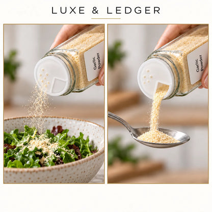 Transparent glass spice containers with natural bamboo lids for herbs and seasonings.