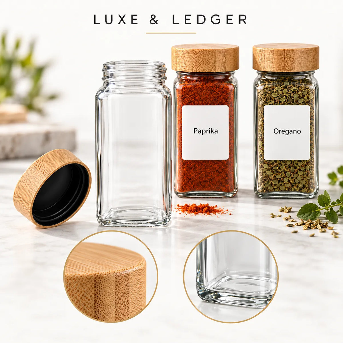Clear glass spice jars with natural bamboo lids, shown on a light marble surface with labeled jars filled with red and green spices.