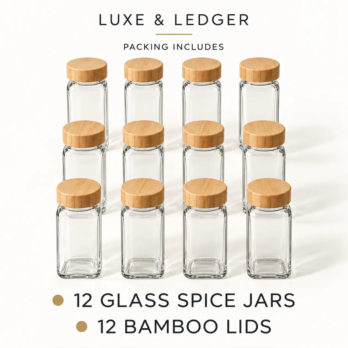 Bamboo lid spice jar set of 12 shown in a clean product display.