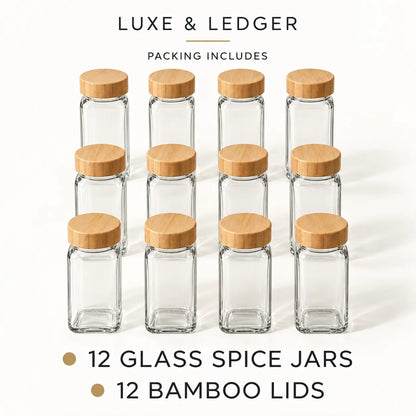 Bamboo lid spice jar set of 12 shown in a clean product display.