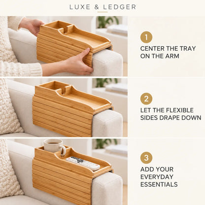 Three-panel instructional graphic showing a bamboo armrest tray being placed on a sofa arm. Text reads 'LUXE & LEDGER' at the top and lists steps 1, 2, and 3: center the tray on the arm, let the flexible sides drape down, and add everyday essentials.