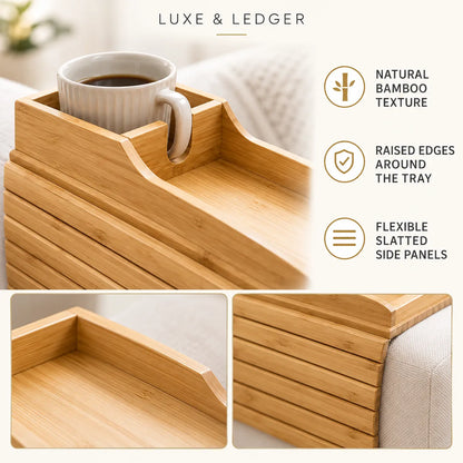 Bamboo tray with integrated cup holder, shown on a sofa with a white mug. Text highlights natural bamboo texture, raised edges around the tray, and flexible slatted side panels.