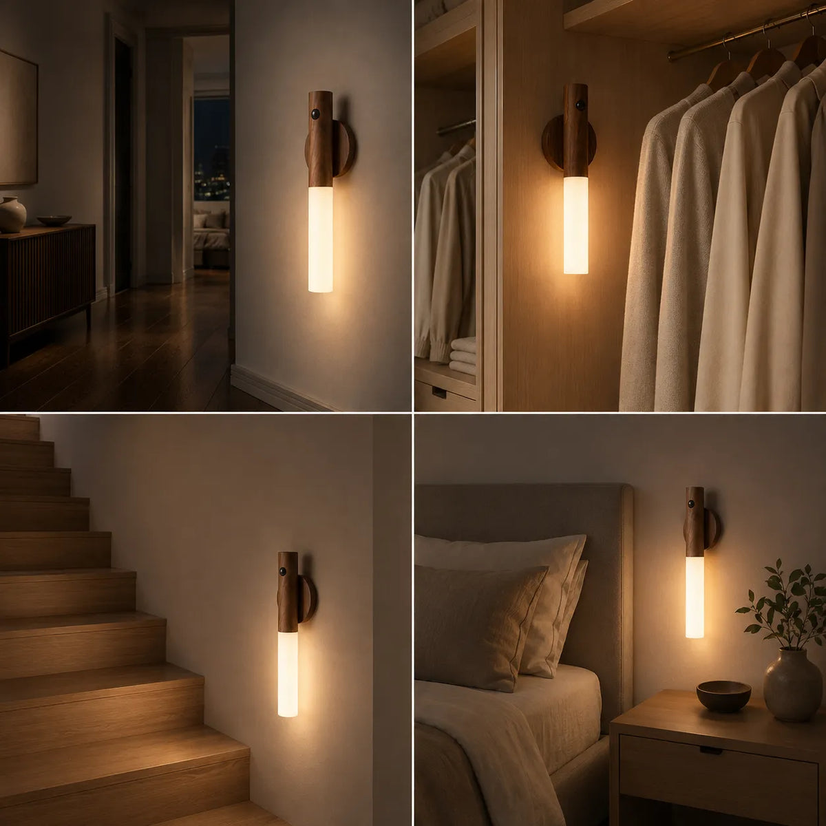 A four-panel collage showing a wall-mounted cylindrical light fixture in real interior settings: hallway, closet with hanging robes, staircase, and bedroom beside a bed. The fixture has a dark wood or bronze-toned round mount with a glowing vertical white glass shade.