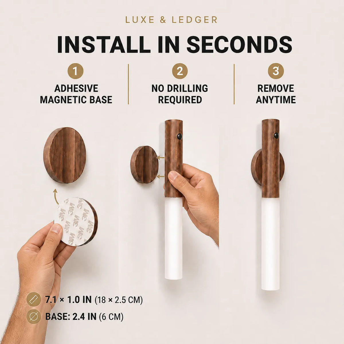Instruction graphic for Luxe & Ledger wall hooks showing three steps to installation: adhesive magnetic base, no drilling required, and remove anytime. A hand is shown holding a white cylindrical hook with a brown wood-look top and round magnetic base against a light beige background.