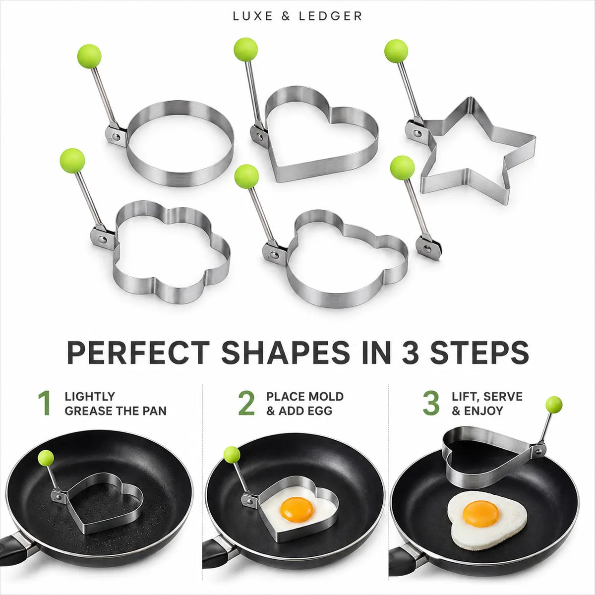 Six stainless steel breakfast mold shapes with green-handled clamps are shown on a white background, plus three instructional panels demonstrating how to use the molds in a frying pan to make eggs in heart, cloud, and star shapes.