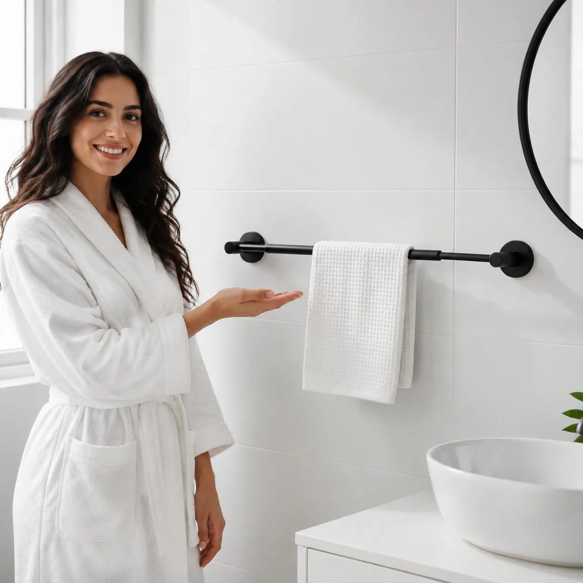 A woman in a white bathrobe stands in a bright bathroom next to a black wall-mounted towel bar with a white towel hanging from it.