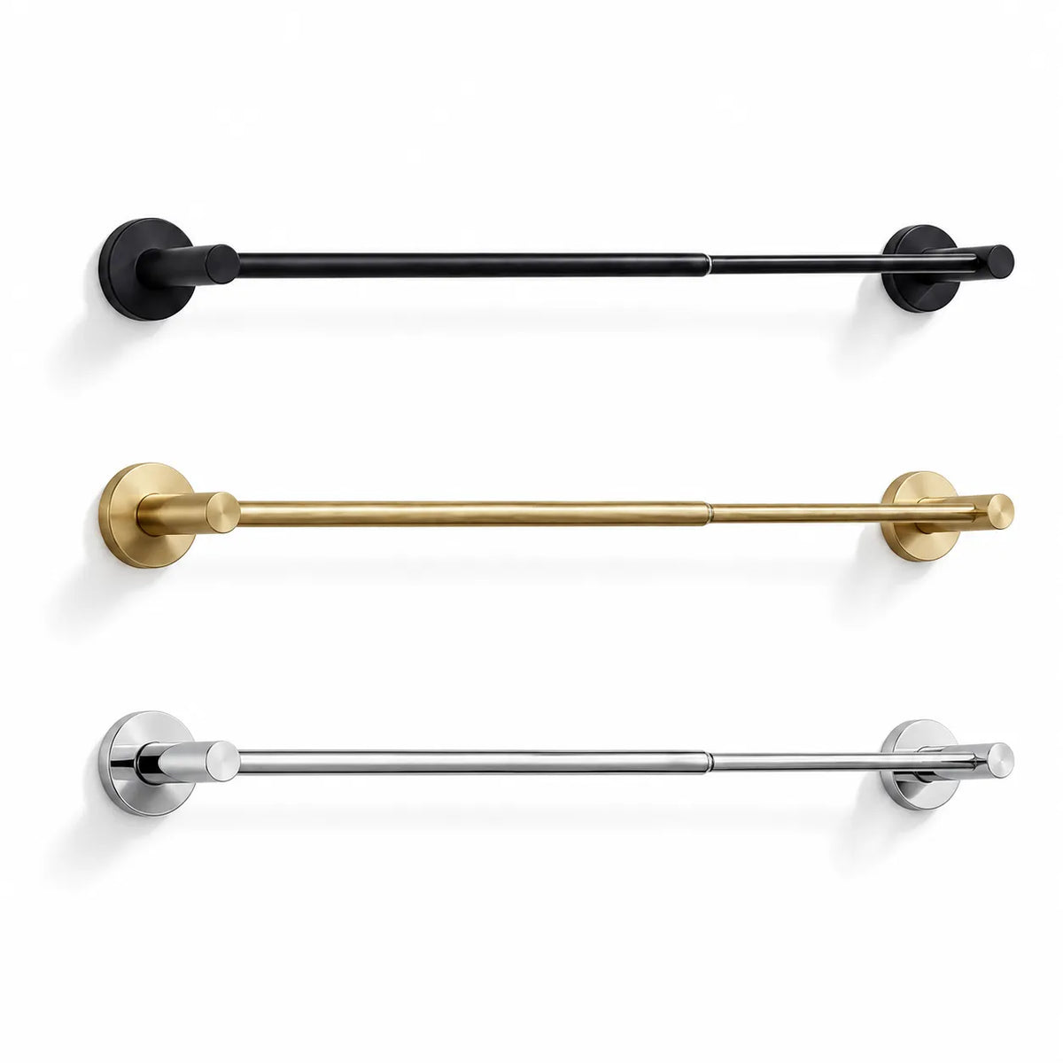 Three wall-mounted towel bars shown vertically on a white background, in matte black, brushed gold, and brushed silver finishes.