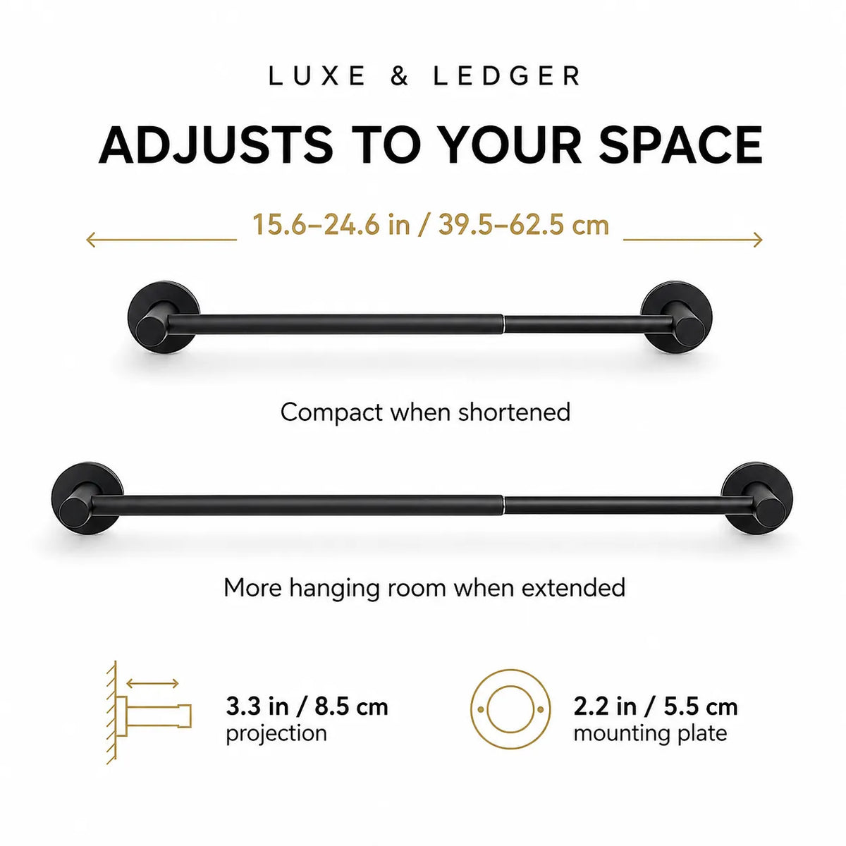 Black wall-mounted towel bar shown with dimension callouts and text explaining adjustability to your space, including 15.6-24.