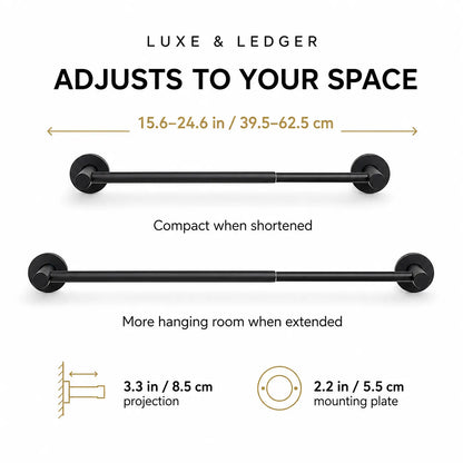 Black wall-mounted towel bar shown with dimension callouts and text explaining adjustability to your space, including 15.6-24.