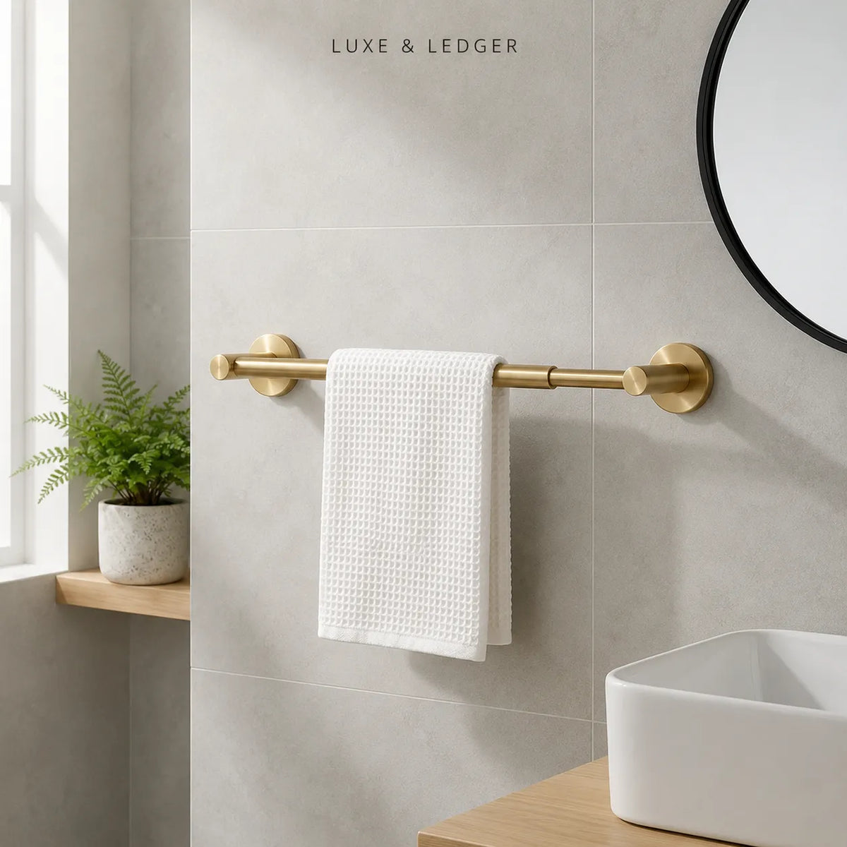 A gold brass wall-mounted towel bar with a white textured waffle towel hanging from it, installed on a light gray tiled bathroom wall above a wooden vanity with a white sink and a round mirror.