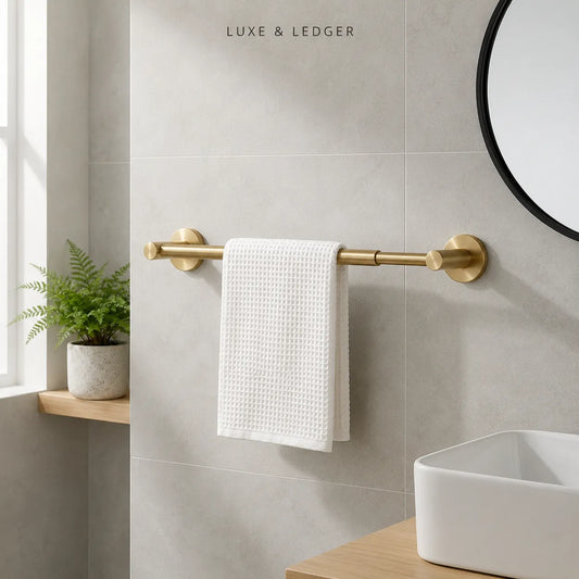 A gold brass wall-mounted towel bar with a white textured waffle towel hanging from it, installed on a light gray tiled bathroom wall above a wooden vanity with a white sink and a round mirror.