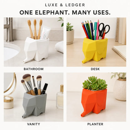 A 2x2 collage showing an elephant-shaped holder in four settings: bathroom with toothbrushes and toothpaste, desk with colored pencils and scissors, vanity with makeup brushes and a perfume bottle, and as a planter with a succulent. Text at the top reads 'LUXE & LEDGER' and 'ONE ELEPHANT.
