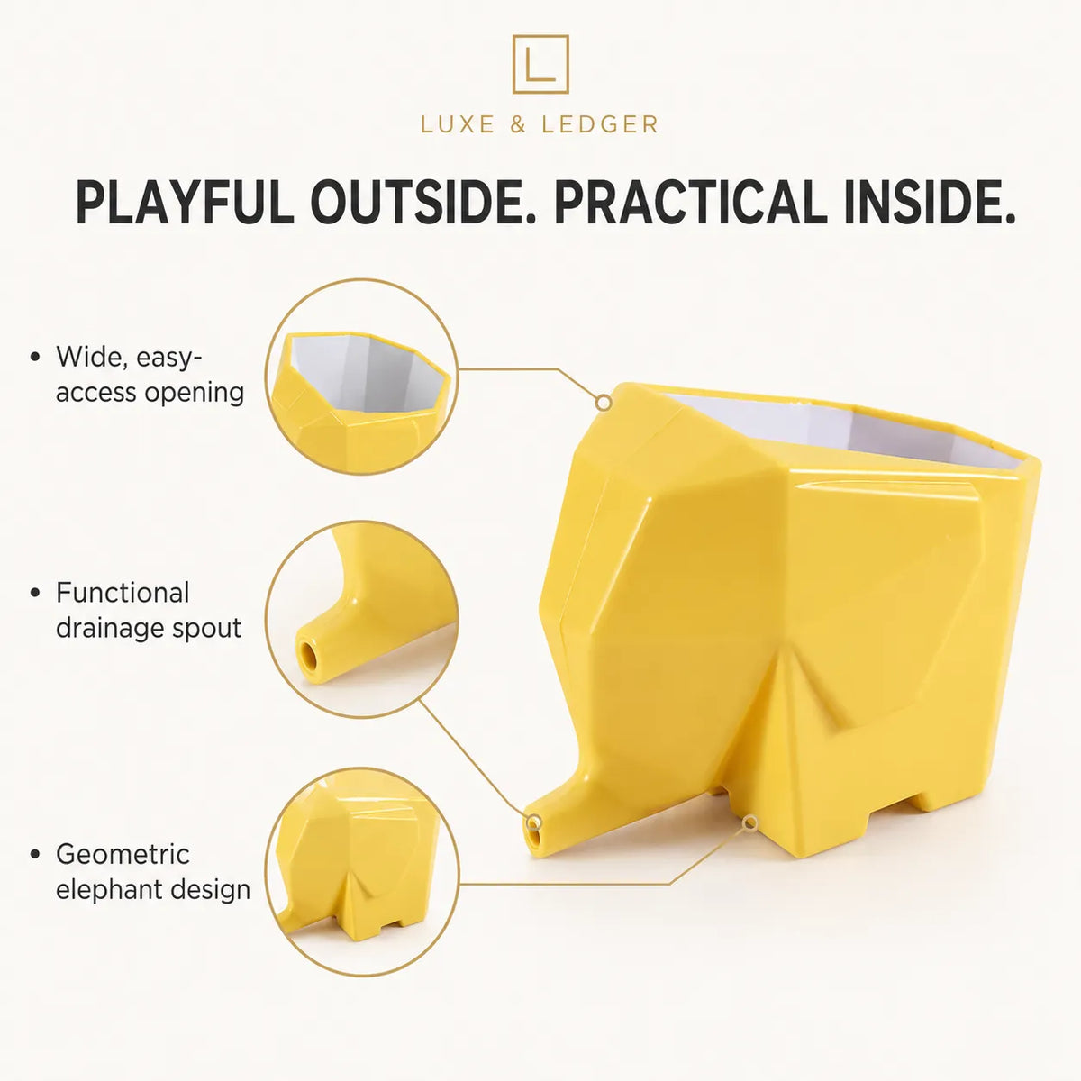 Yellow geometric elephant-shaped planter with callout details showing the wide opening, drainage spout, and elephant design, on a light beige background with Luxe & Ledger branding.