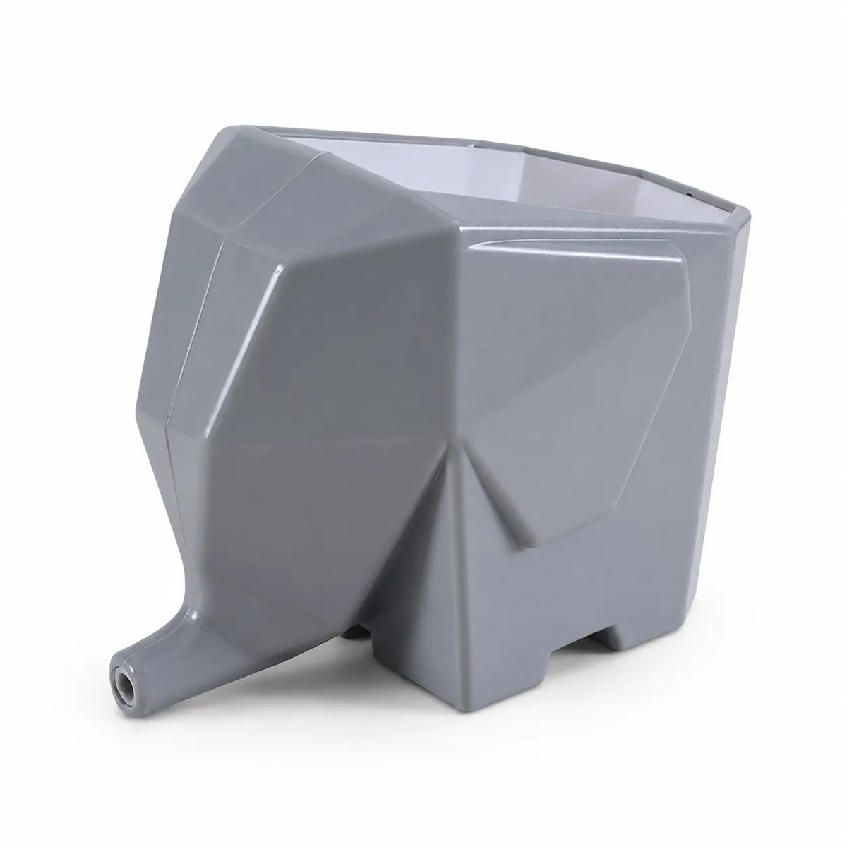 A gray geometric elephant-shaped planter or container with a faceted, low-poly design, shown on a plain white background.