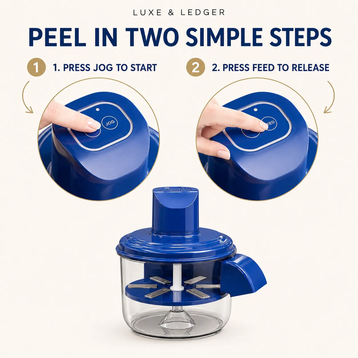 Blue electric food chopper with a clear bowl and metal blades, shown below two circular close-up diagrams explaining how to press and release the lid. Text at the top reads 'LUXE & LEDGER' and 'PEEL IN TWO SIMPLE STEPS'.