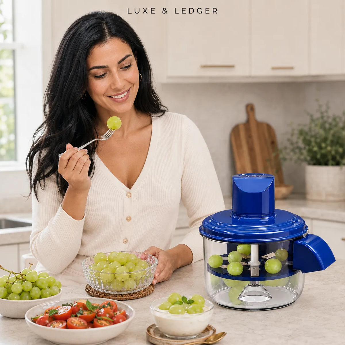 A woman in a cream cardigan stands in a bright kitchen holding a grape on a fork, with a blue and clear food chopper on the counter beside bowls of grapes and strawberries. The text 'LUXE & LEDGER' appears at the top.
