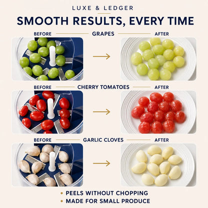 An infographic showing three produce peeling demonstrations under the brand Luxe & Ledger. The graphic displays 'Before' and 'After' results for green grapes, cherry tomatoes, and garlic cloves, illustrating how the device peels the produce without chopping.