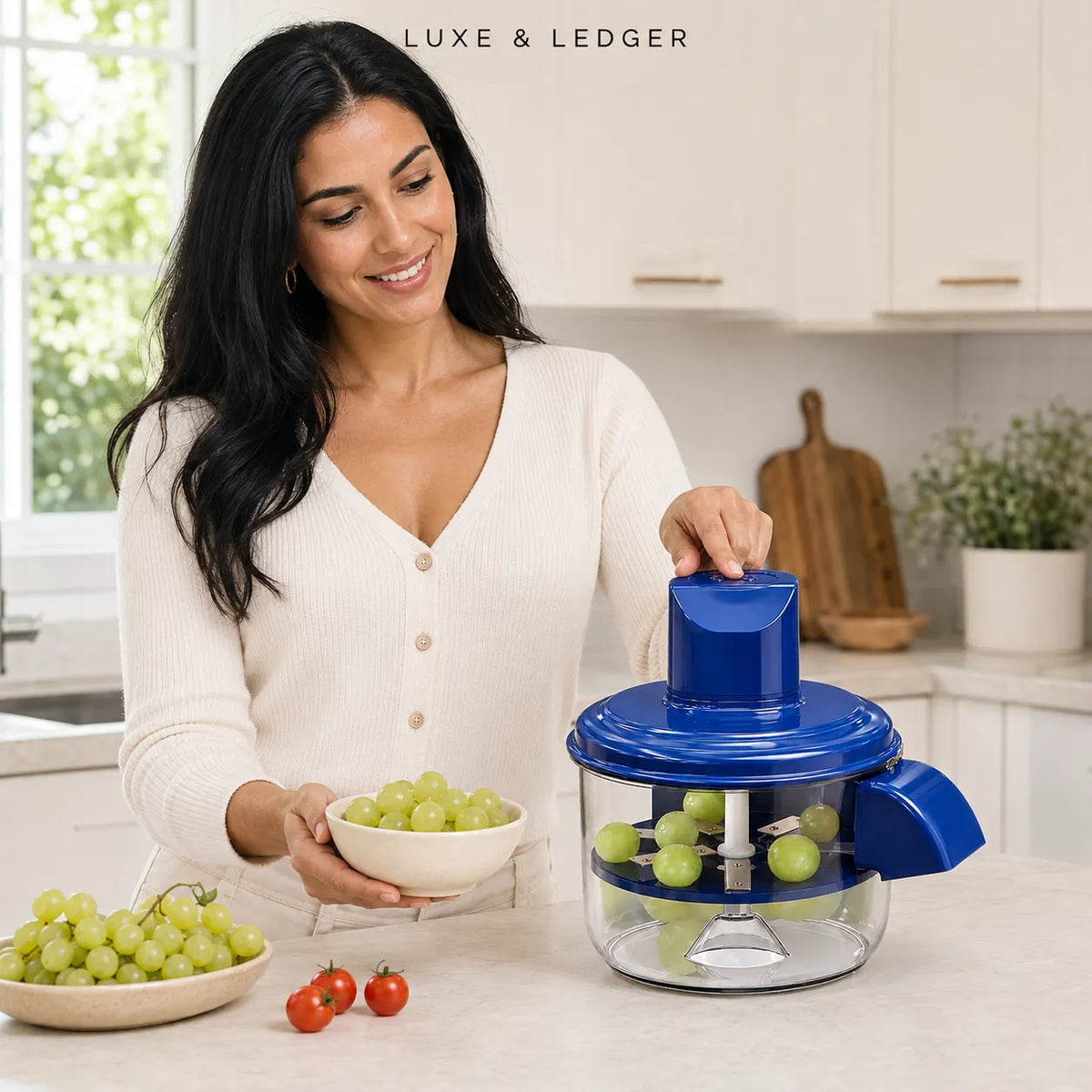 A woman in a white ribbed cardigan stands in a bright kitchen, holding a bowl of green grapes while operating a blue and clear food chopper filled with grapes. A bowl of more grapes and small tomatoes sits on the counter beside her.