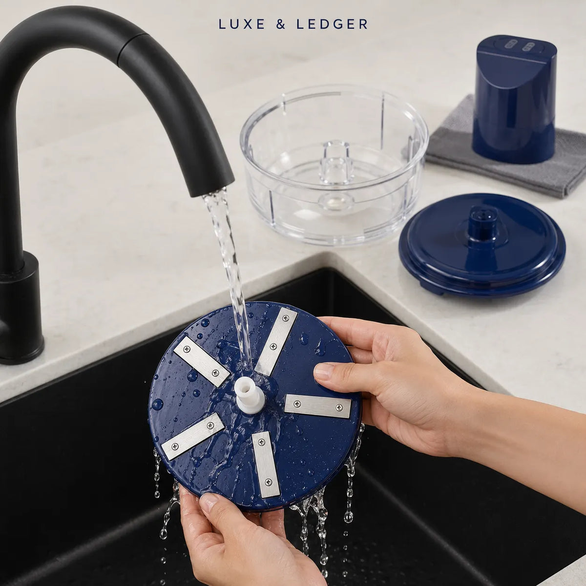 A person holds a blue circular kitchen accessory with white blades and metal pins under running water at a sink. A clear bowl, a blue lid, and a blue container sit on the countertop, with the text 'LUXE & LEDGER' at the top.