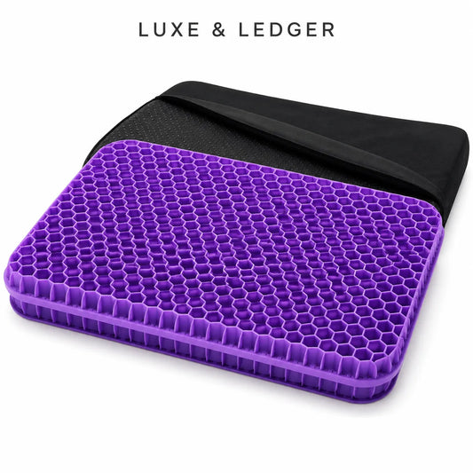 A purple honeycomb gel mattress topper with a black zippered carrying sleeve, shown on a white background with 'LUXE & LEDGER' text at the top.