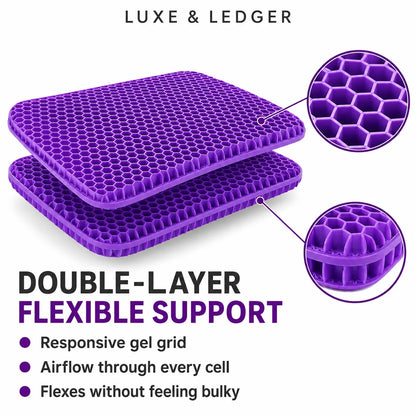 Purple double-layer flexible support gel pads with honeycomb grid texture, shown on a white background with feature callouts and circular close-up insets. Text reads 'LUXE & LEDGER' and 'DOUBLE-LAYER FLEXIBLE SUPPORT' with bullet points about responsive gel grid, airflow, and flexible support.