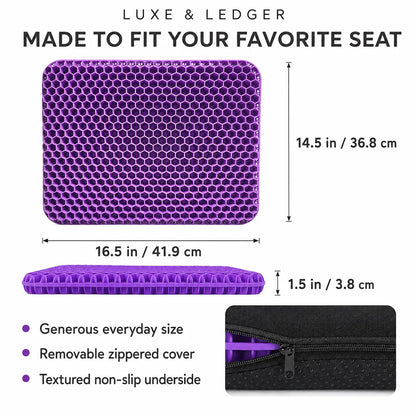 Purple textured seat cushion with dimensions shown as 16.5 in by 14.