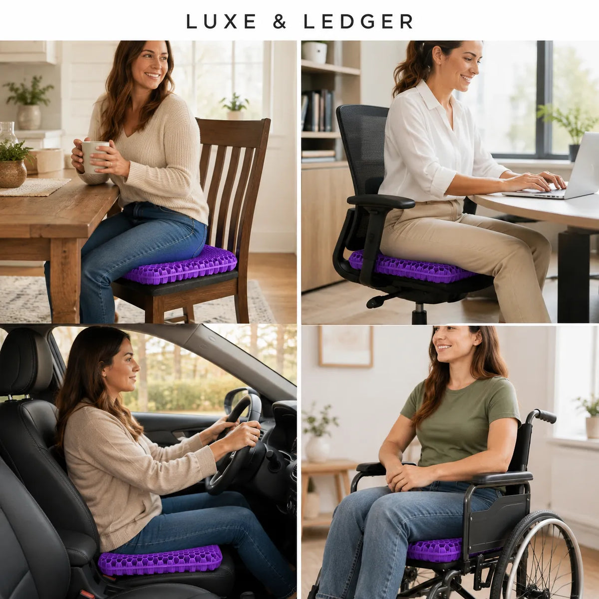 A four-panel collage showing a purple textured seat cushion worn by a woman in different settings: sitting at a dining table, working at a desk in an office chair, driving a car, and sitting in a wheelchair. The top of the image has the text 'LUXE & LEDGER'.
