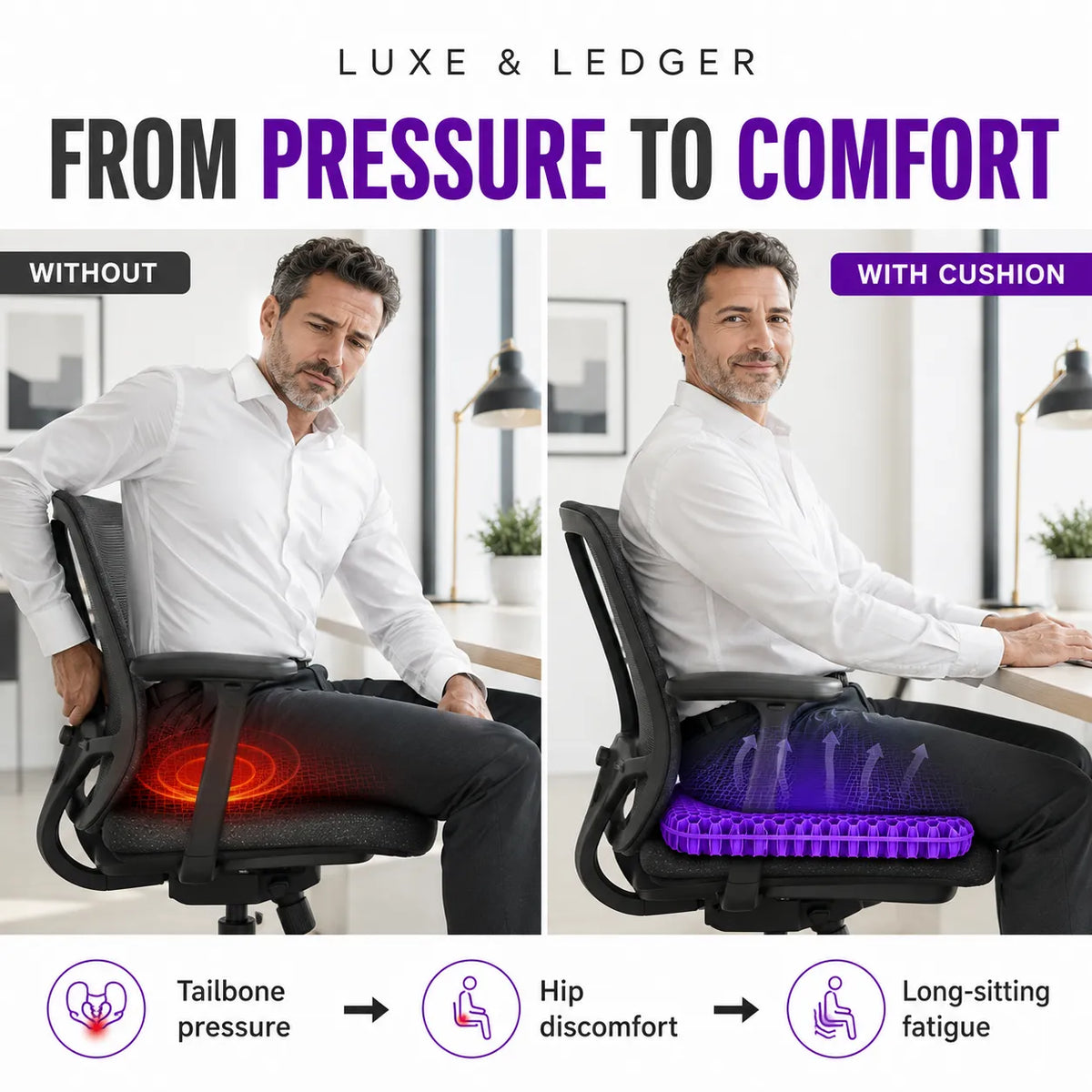A promotional comparison graphic showing a man seated in an office chair in two side-by-side panels: 'WITHOUT' on the left with red heat-like pressure overlay on the chair, and 'WITH CUSHION' on the right with a glowing purple cushioned seat insert. Large text at top reads 'FROM PRESSURE TO COMFORT' and 'LUXE & LEDGER' appears at the top.