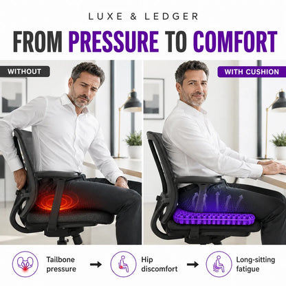 A promotional comparison graphic showing a man seated in an office chair in two side-by-side panels: 'WITHOUT' on the left with red heat-like pressure overlay on the chair, and 'WITH CUSHION' on the right with a glowing purple cushioned seat insert. Large text at top reads 'FROM PRESSURE TO COMFORT' and 'LUXE & LEDGER' appears at the top.