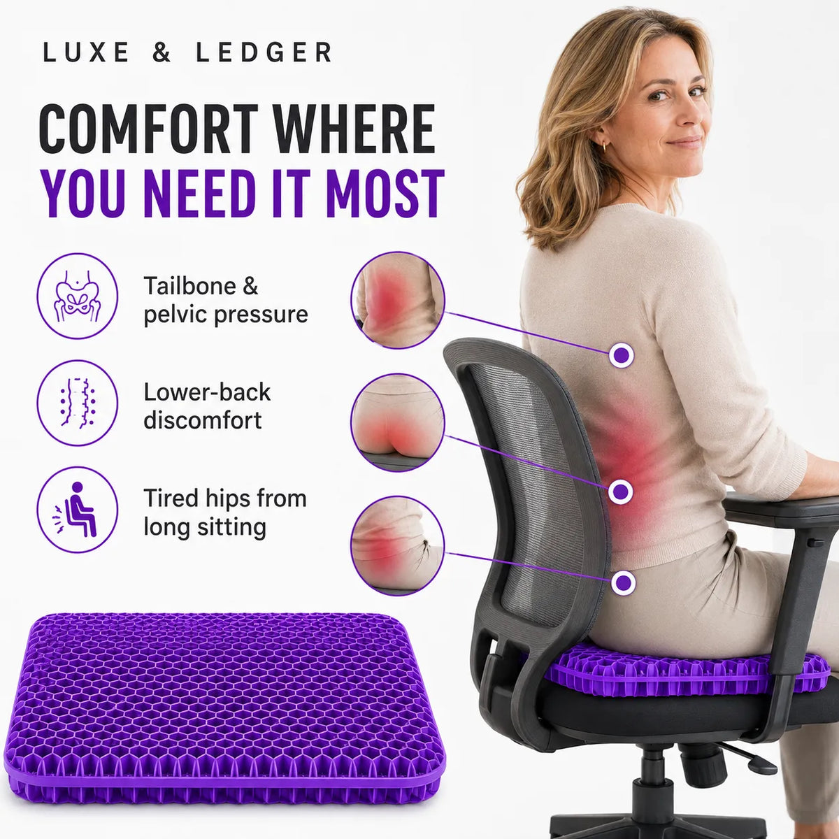 Purple ergonomic mesh office chair cushion shown with a woman seated on a black office chair, plus text and icons highlighting back pain areas and benefits.