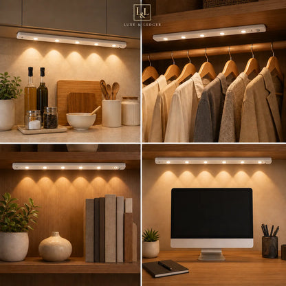 A four-panel collage showing a Luxe & Ledger under-cabinet LED light bar in use: mounted above a kitchen counter, a closet with hanging clothes, a shelf with books and decor, and a desk with a computer monitor. The product itself is a slim white light bar with multiple warm white LEDs, casting a warm yellow glow onto the surrounding wood and surfaces.