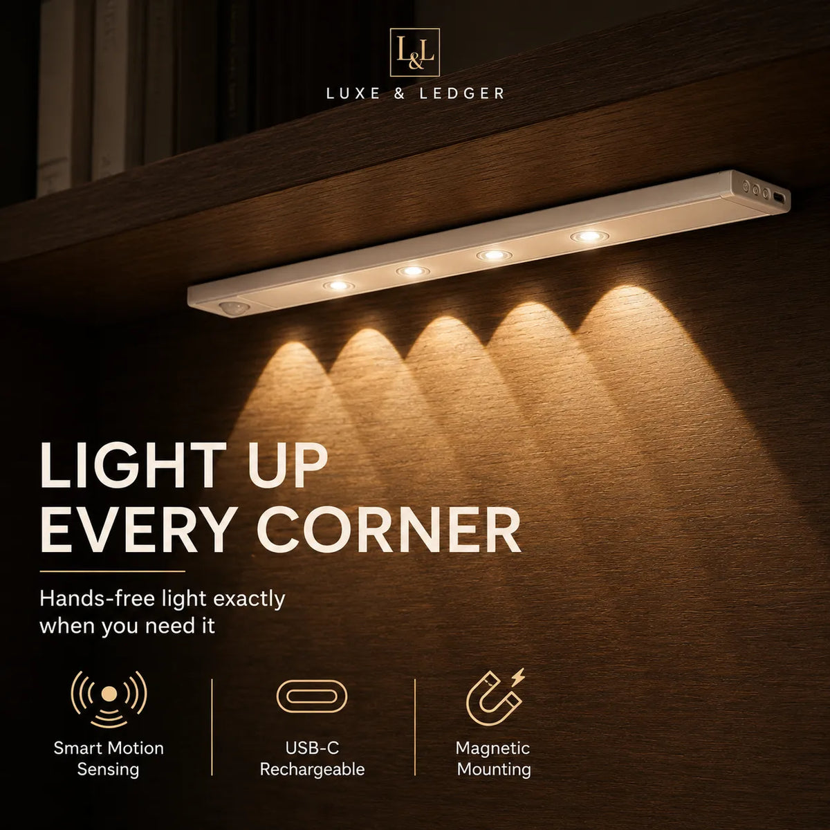 A Luxe & Ledger slim LED light bar mounted on a dark wood surface, casting warm light beams across the corner. Text on the image highlights features like smart motion sensing, USB-C rechargeability, and magnetic mounting.