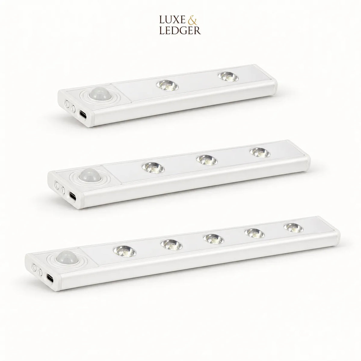 Three white LED under-cabinet lights with motion sensors, shown diagonally on a white background with the brand name 'LUXE & LEDGER' at the top.