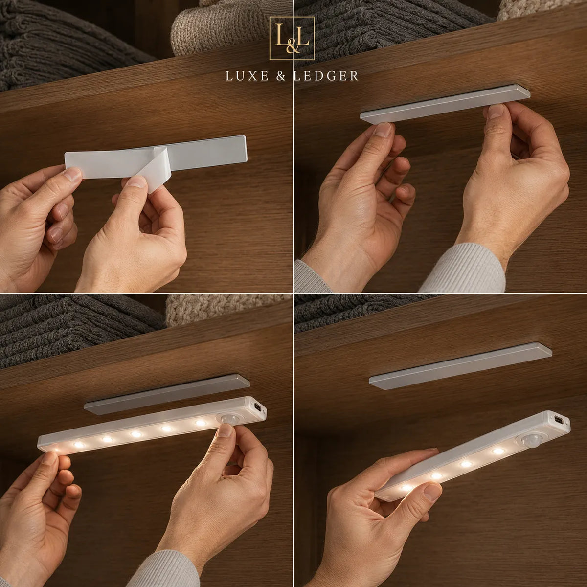 A four-panel collage showing a white LED pocket light being demonstrated by hands attached to a wooden surface. The top panel includes the brand name 'LUXE & LEDGER' with an 'L' logo.