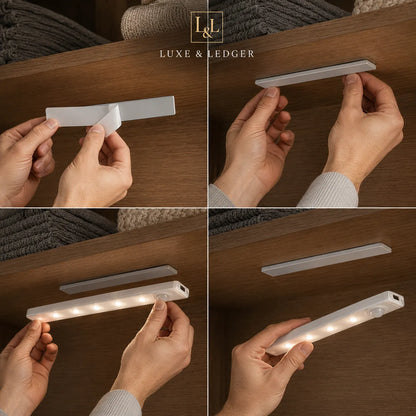 A four-panel collage showing a white LED pocket light being demonstrated by hands attached to a wooden surface. The top panel includes the brand name 'LUXE & LEDGER' with an 'L' logo.
