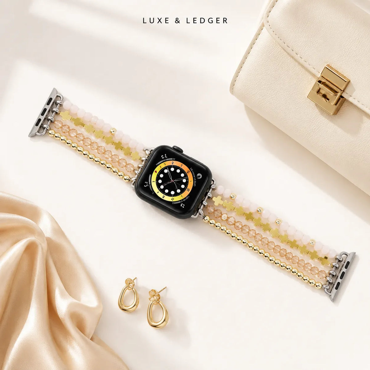 A luxury watch band with a black watch, styled on a cream surface with a cream handbag, gold hoop earrings, and draped satin. The text 'LUXE & LEDGER' is visible at the top.
