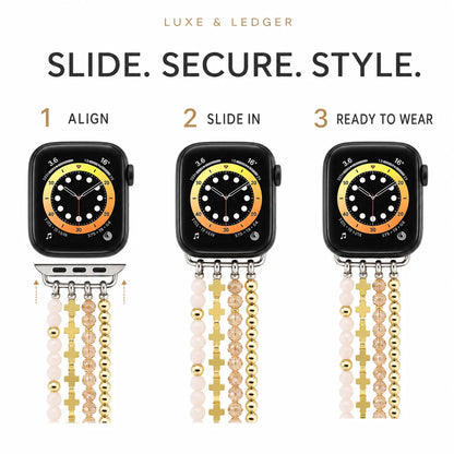 Instructional graphic showing three steps for attaching a Luxe & Ledger watch band: 1 Align, 2 Slide In, and 3 Ready to Wear, with a black smartwatch and dangling gold and beige beaded chain bands on a white background.