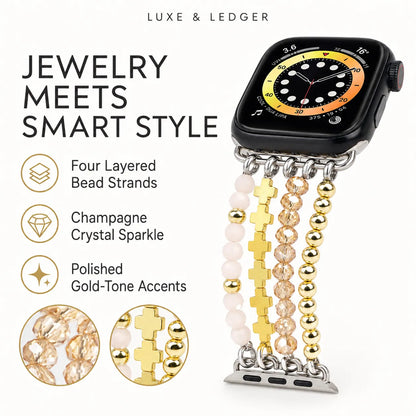 A smartwatch band featuring four layered bead strands in champagne, gold, and silver, styled on a black smartwatch. The image includes marketing text and close-up detail circles on a clean white background.