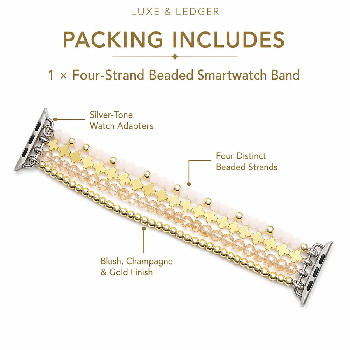 A promotional product graphic showing a four-strand beaded smartwatch band on a white background with text reading 'PACKING INCLUDES' and callout labels identifying silver-tone watch adapters, four distinct beaded strands, and a blush/champagne/gold finish.