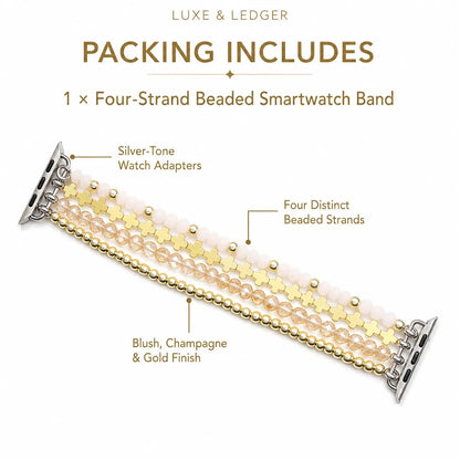 A promotional product graphic showing a four-strand beaded smartwatch band on a white background with text reading 'PACKING INCLUDES' and callout labels identifying silver-tone watch adapters, four distinct beaded strands, and a blush/champagne/gold finish.