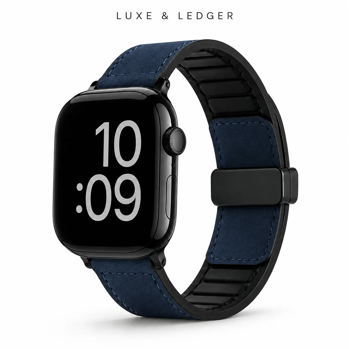A smartwatch with a black case and a navy blue leather strap, shown on a clean white background with the text 'LUXE & LEDGER' at the top. The watch face displays '10:09' in white digital text.